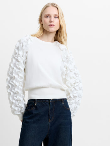 Krista Knit Mix Ruffled Sleeve White Jumper