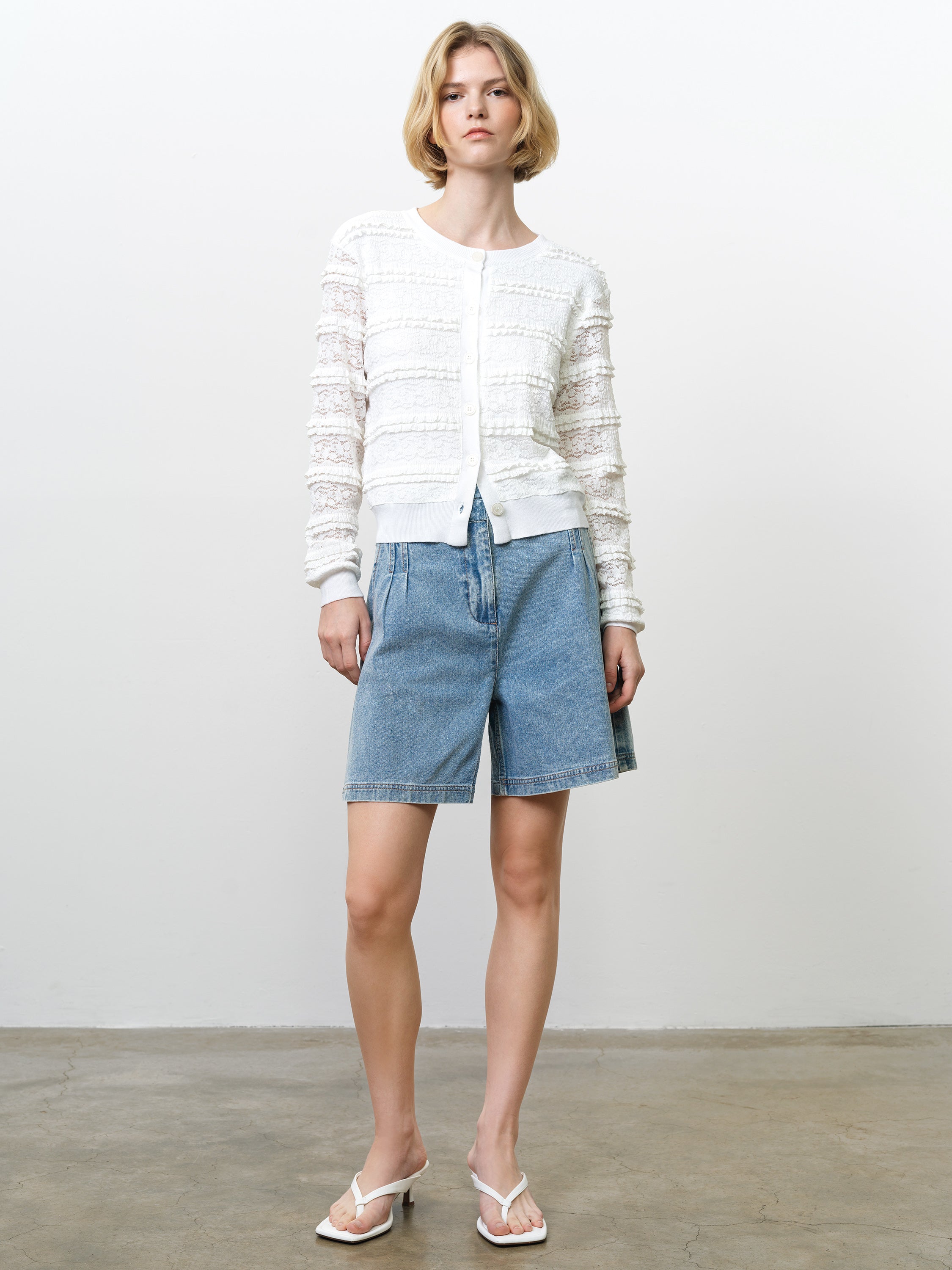 Krista Lace Mix Button-Up White Cardigan
