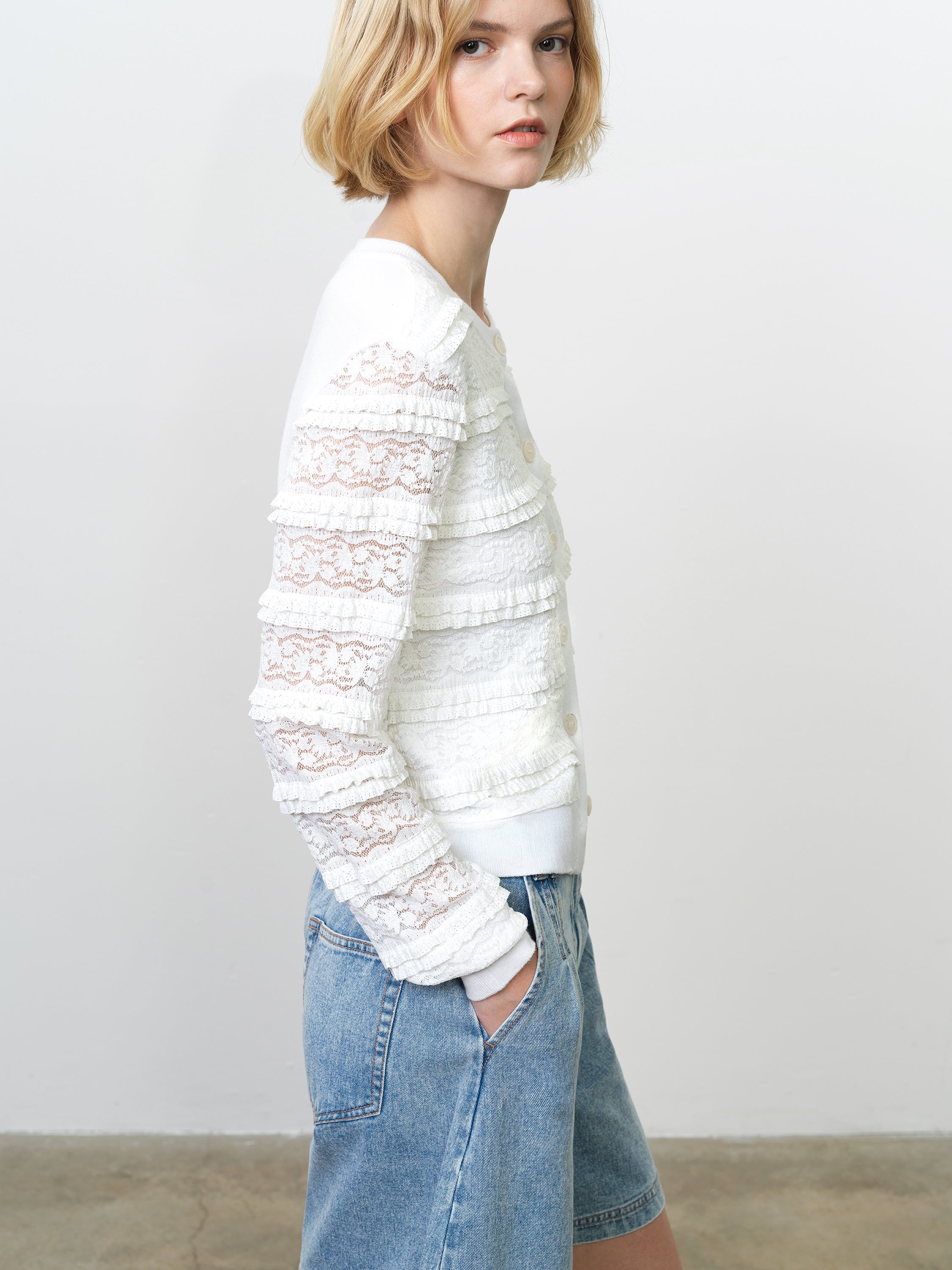 Krista Lace Mix Button-Up White Cardigan