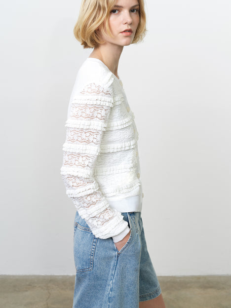Krista Lace Mix Button-Up White Cardigan