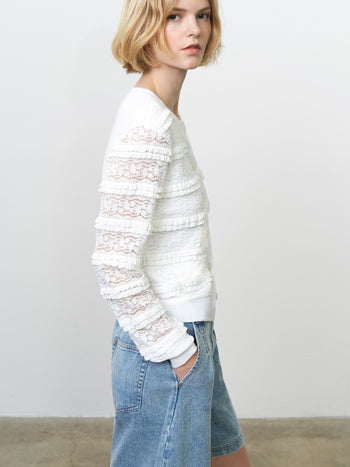 Krista Lace Mix Button-Up White Cardigan