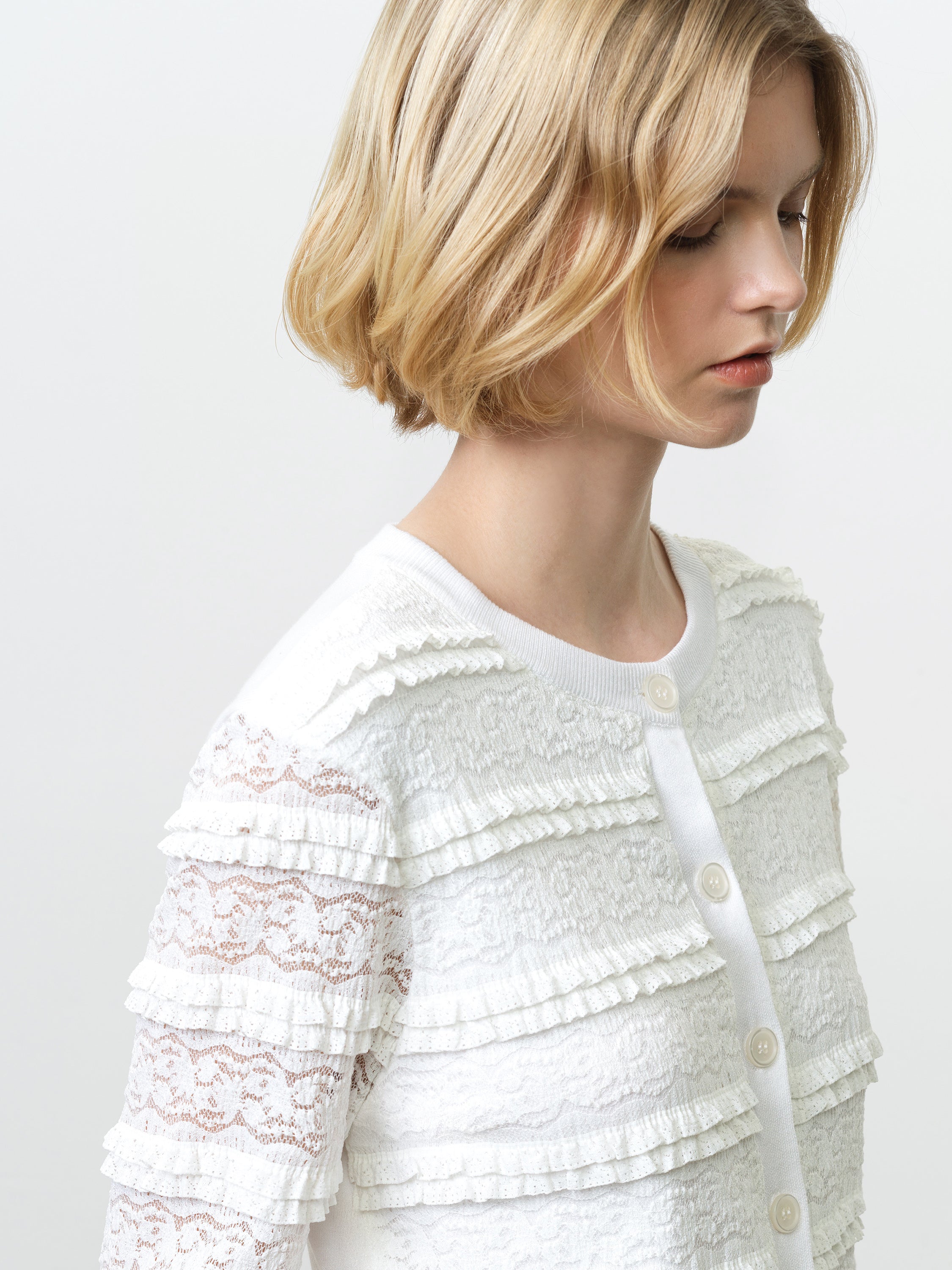 Krista Lace Mix Button-Up White Cardigan