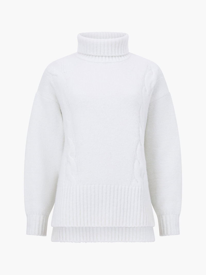 Funnel Neck Stepped Hem Cable Knit Jumper