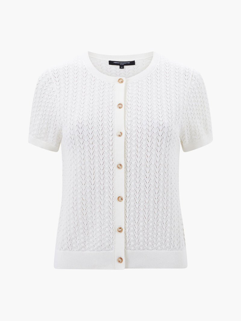 Cotton Blend Pointelle Short Sleeve Cardigan