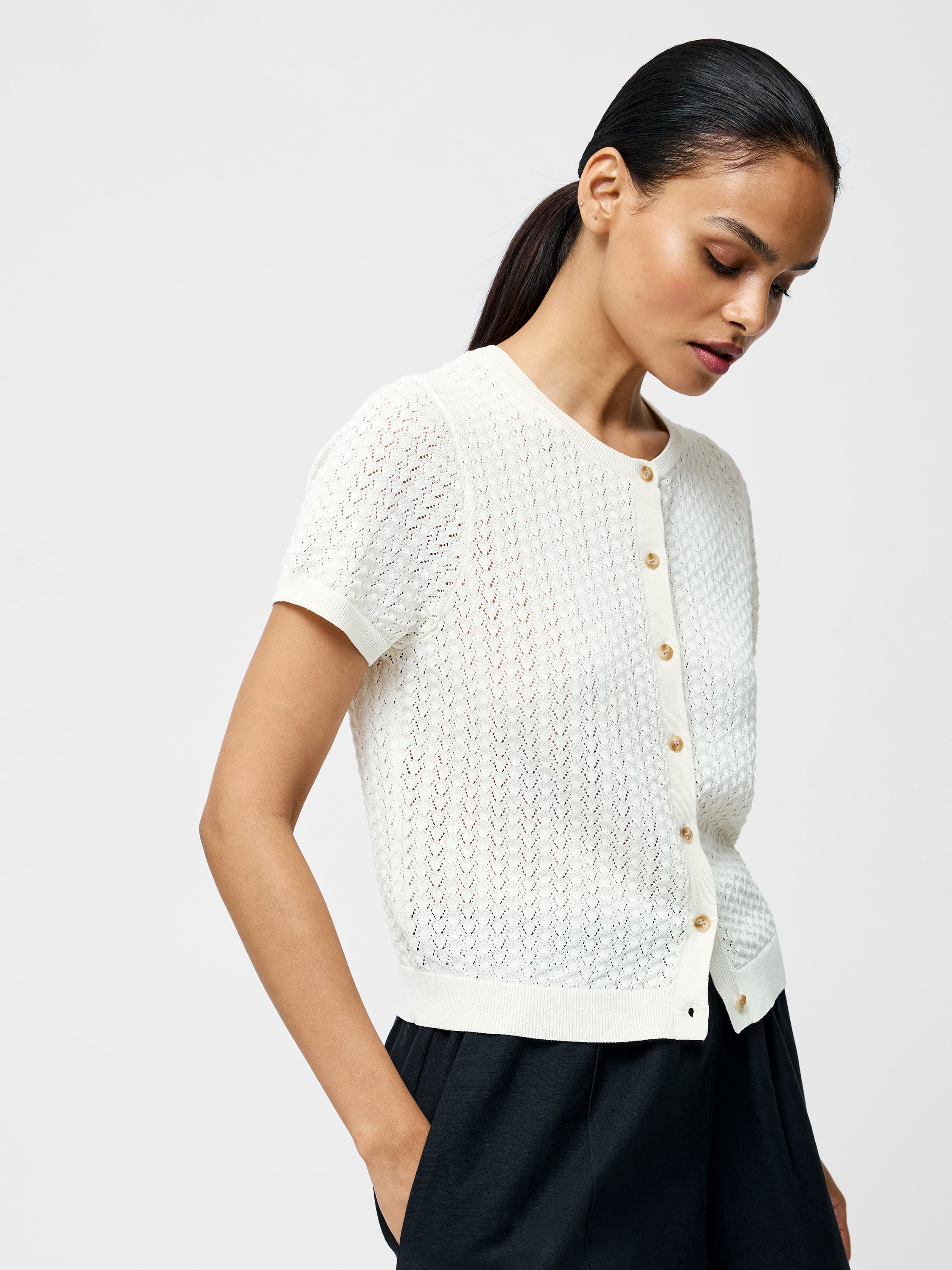 Cotton Blend Pointelle Short Sleeve Cardigan