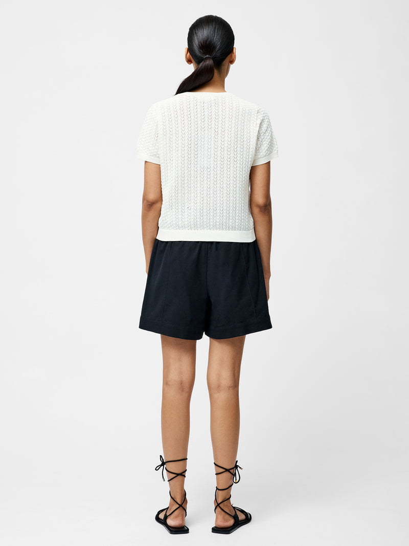 Cotton Blend Pointelle Short Sleeve Cardigan