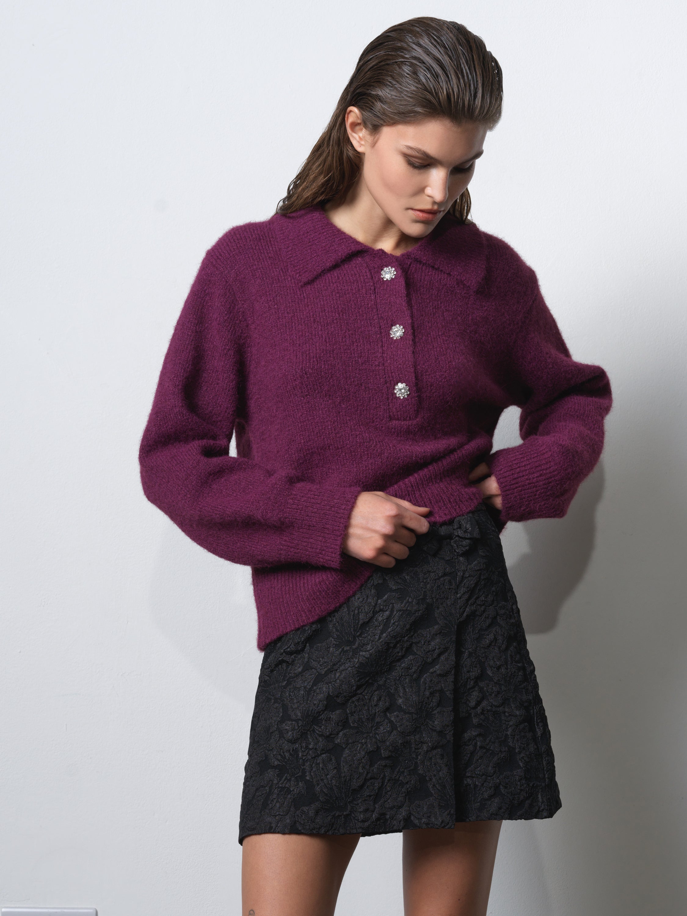 Colleen Polo Collar Diamante Button Jumper