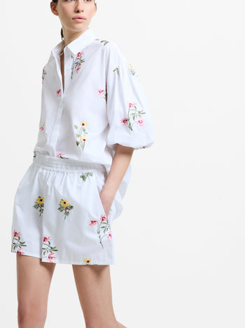 Cotton Floral Embroidered White Shorts