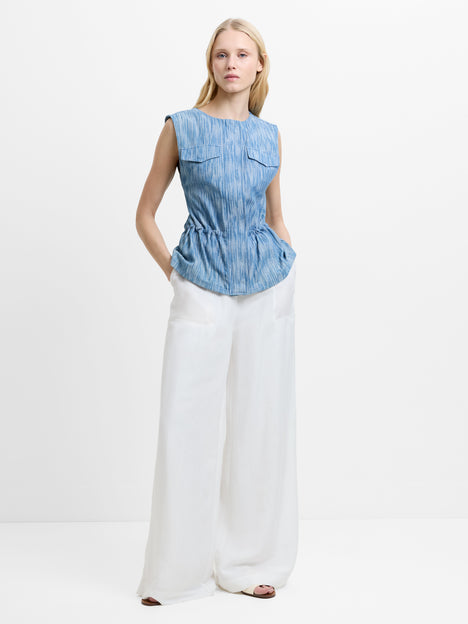Bessie Textured Blue Denim Cinched Waistcoat Top