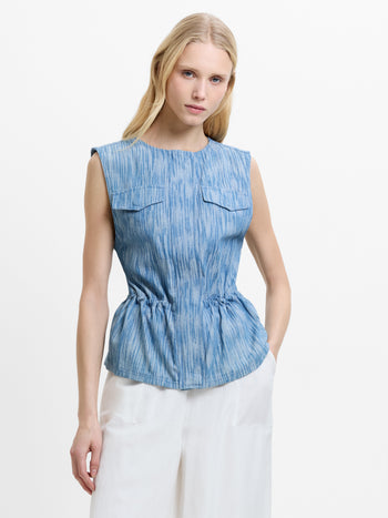 Bessie Textured Blue Denim Cinched Waistcoat Top