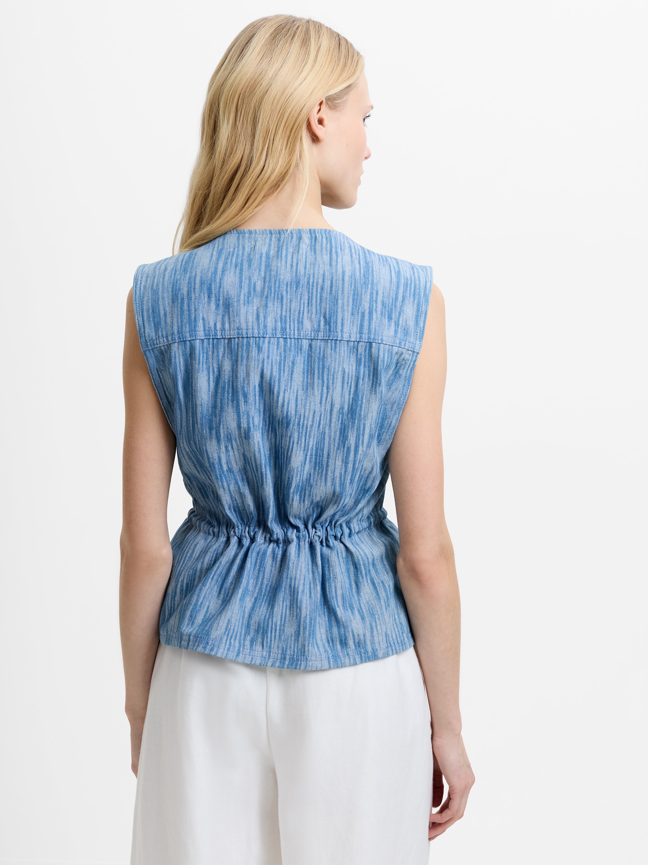 Bessie Textured Blue Denim Cinched Waistcoat Top