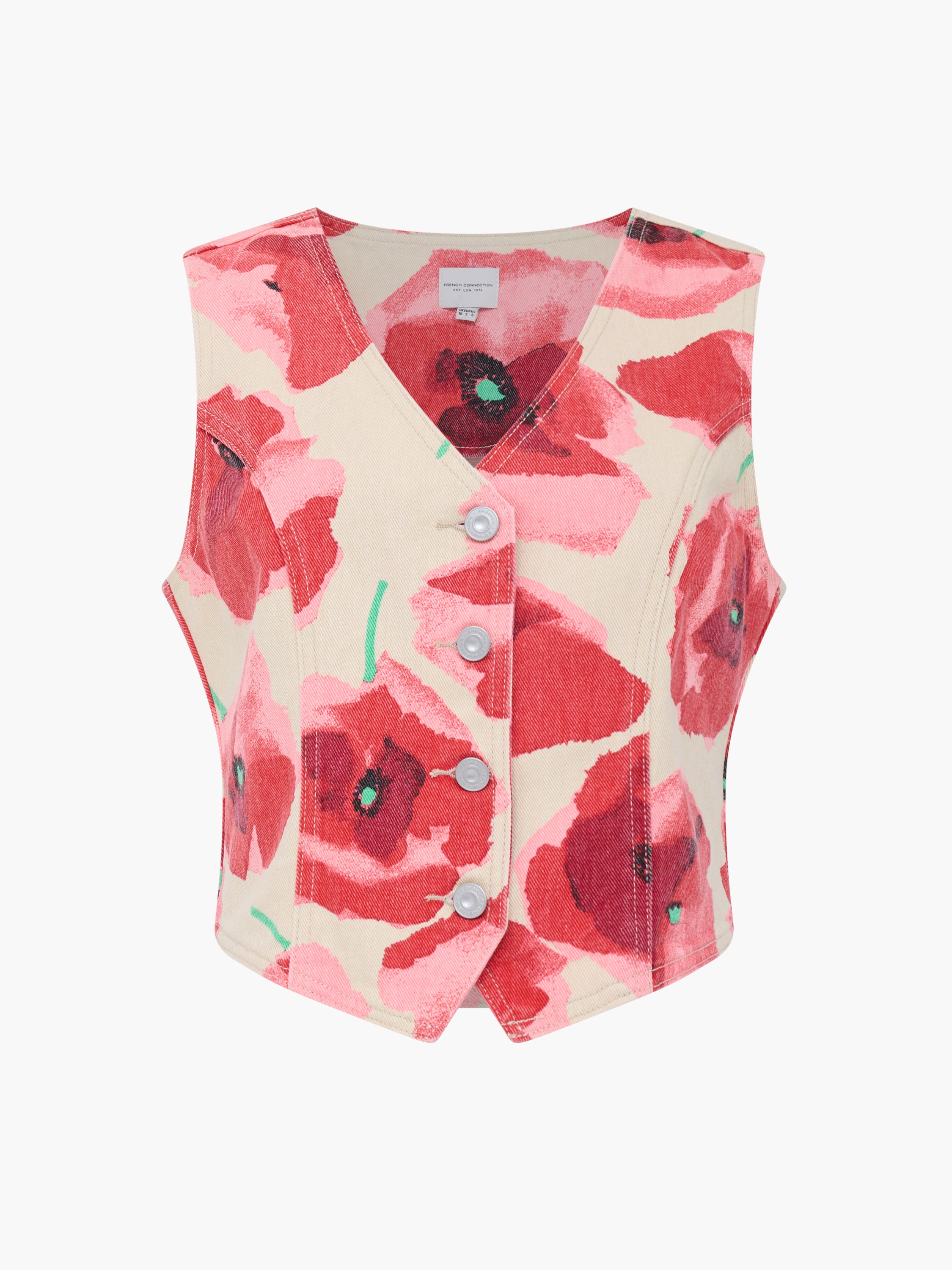 Poppy Red Floral Printed Denim Waistcoat