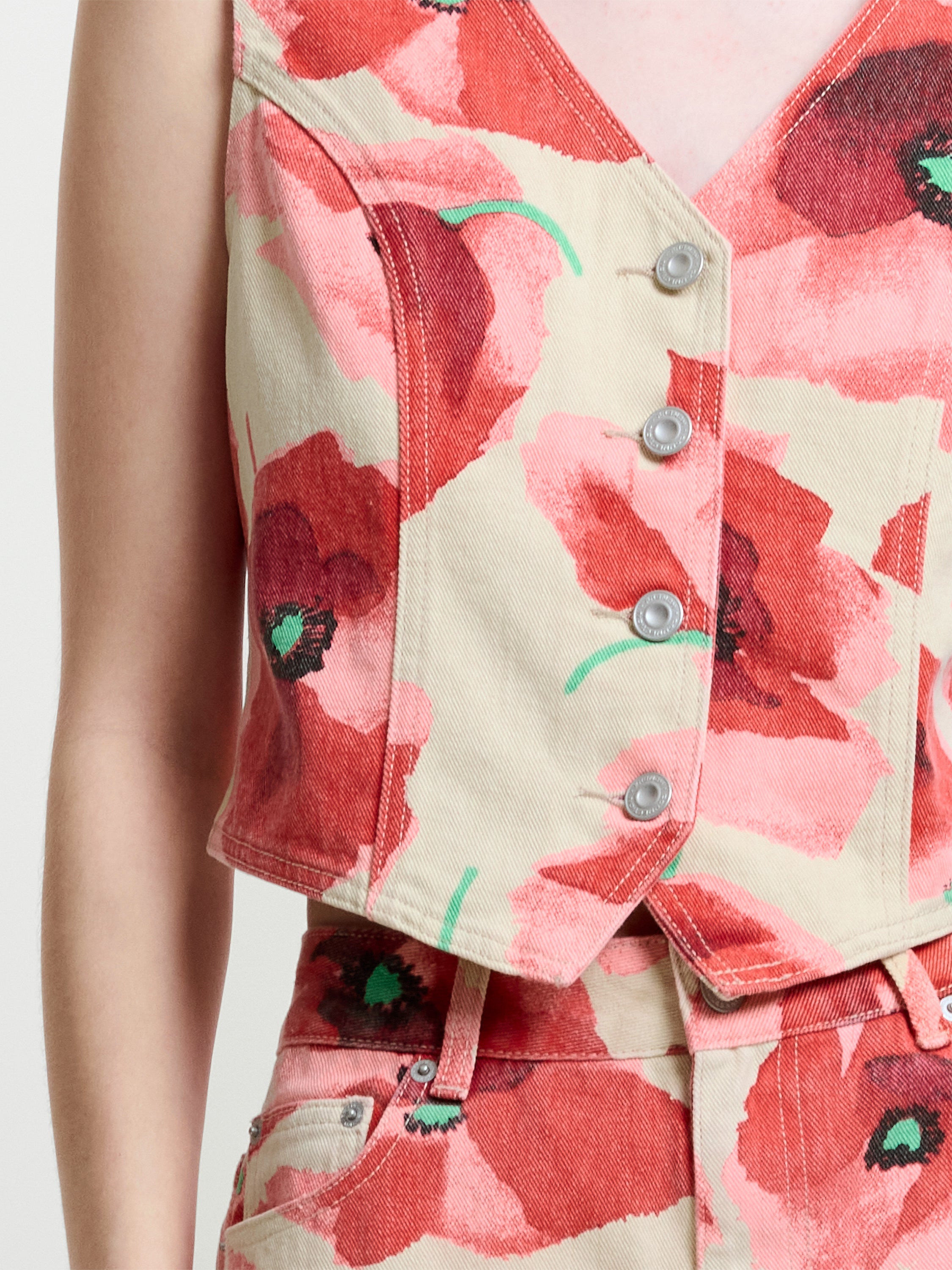 Poppy Red Floral Printed Denim Waistcoat