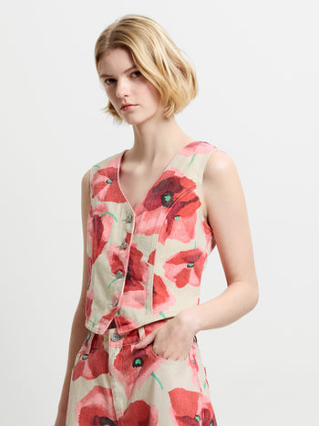 Poppy Red Floral Printed Denim Waistcoat