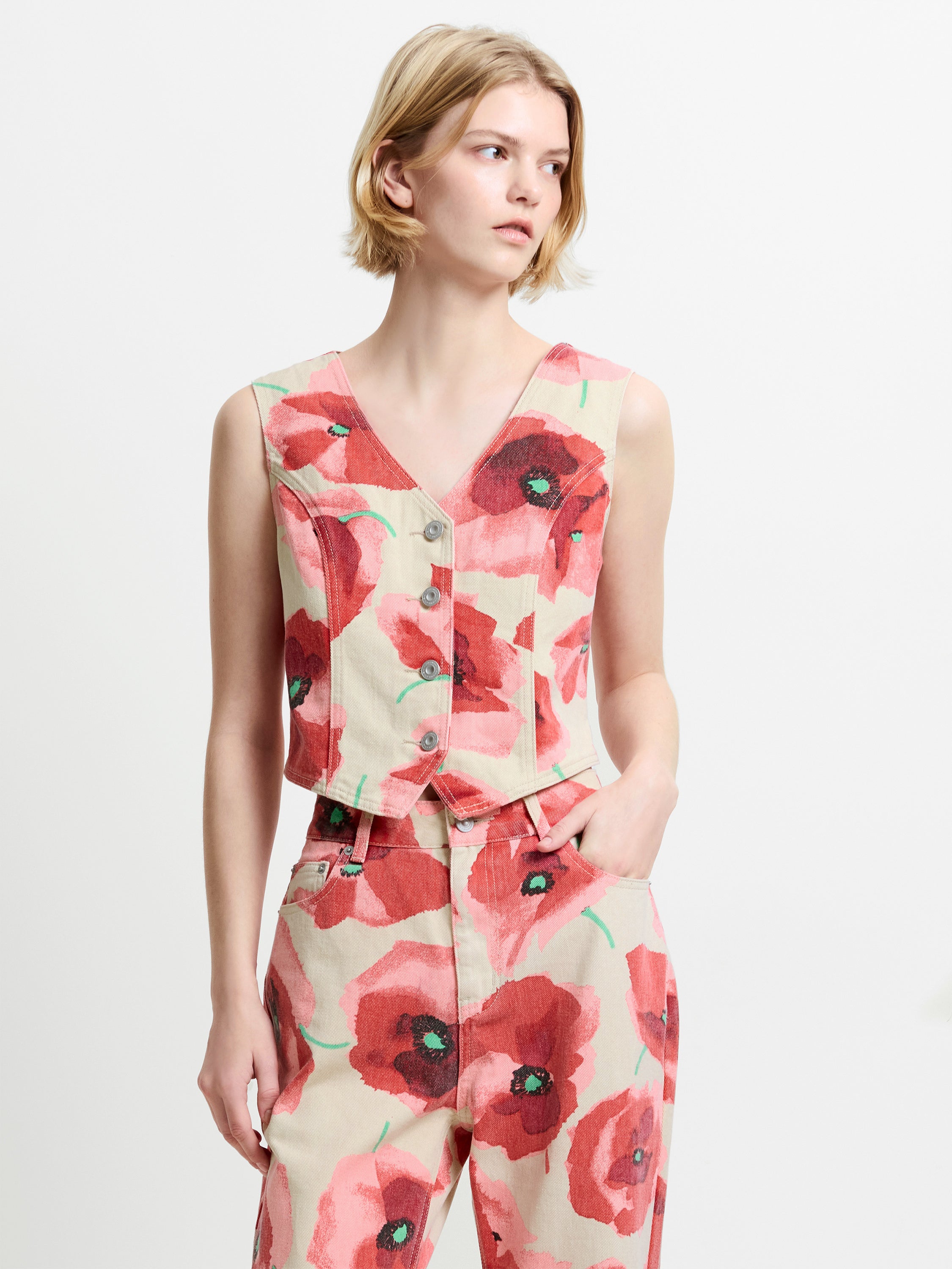 Poppy Red Floral Printed Denim Waistcoat