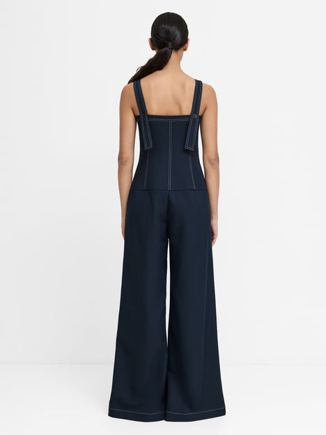 Salma Drop Waist Pleated Navy Wide Leg Jumpsuit