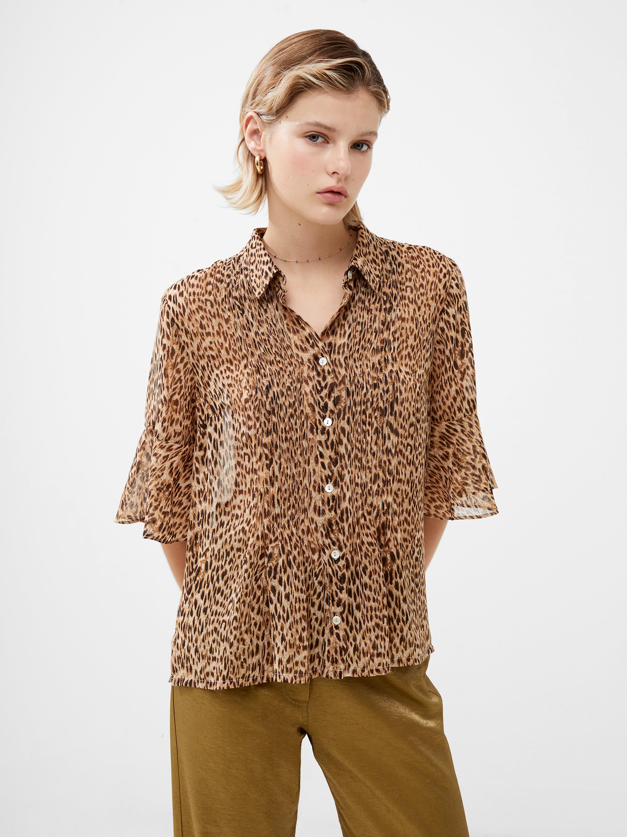 Leopard Georgette Pin Tuck Shirt