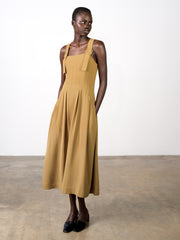 Erma Pinstripe Buckle Strap Khaki Green Midi Dress