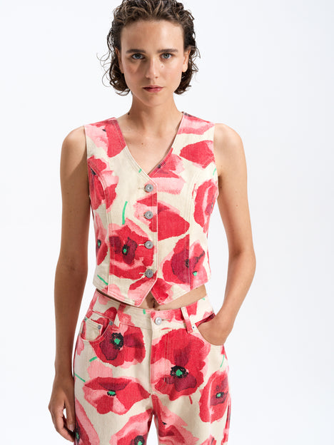 Poppy Red Floral Printed Denim Waistcoat
