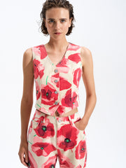 Poppy Red Floral Printed Denim Waistcoat