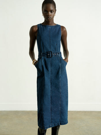 Arywoode Denim Sleeveless Belted Midi Dress