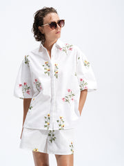 Cotton Floral Embroidered Puff Sleeve White Shirt