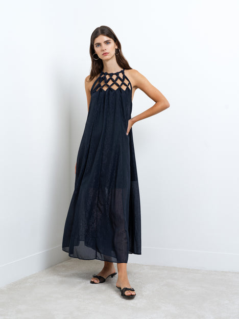 Beth Lurex Navy Trim Halterneck Maxi Dress