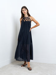 Beth Lurex Navy Trim Halterneck Maxi Dress