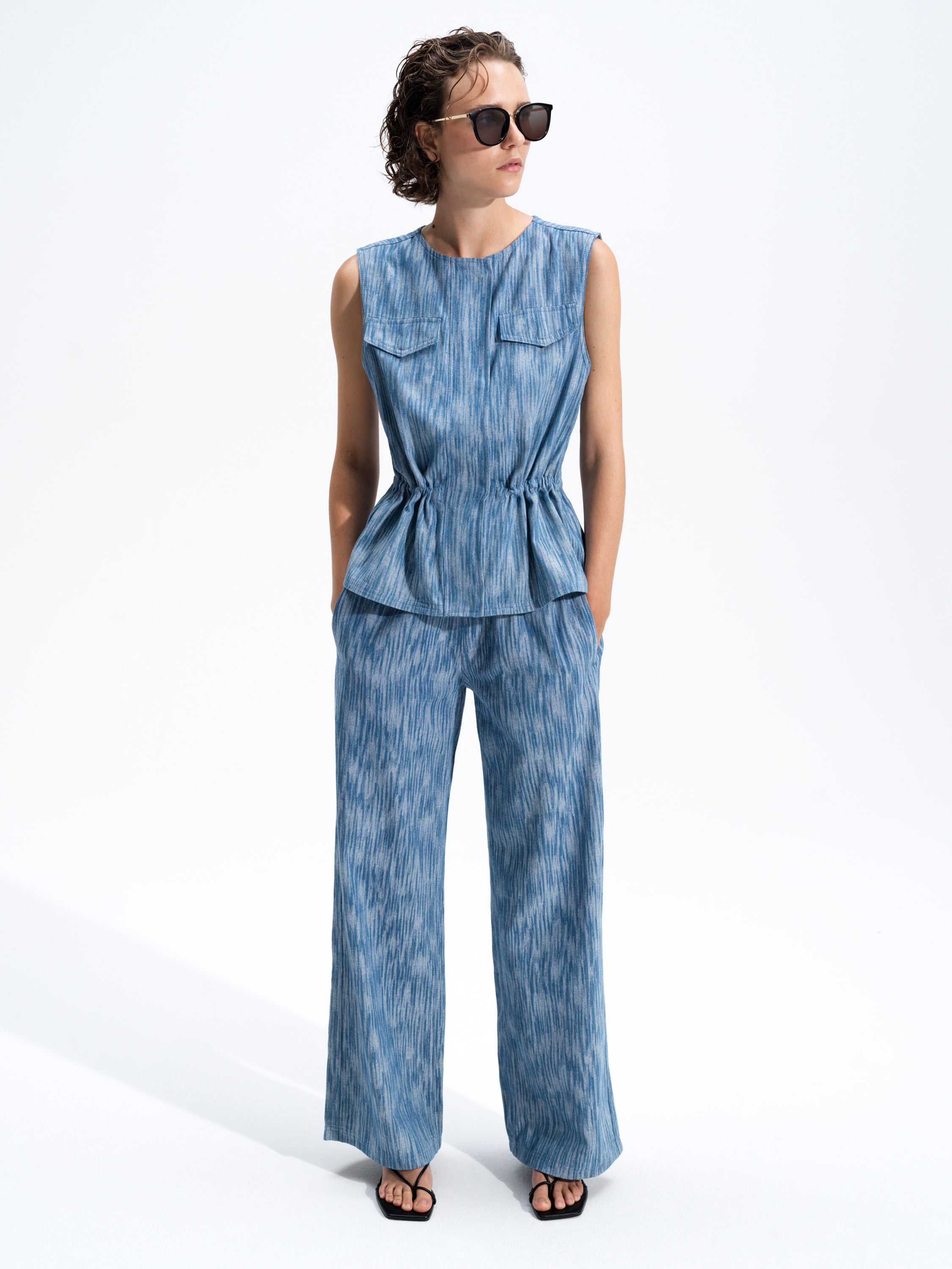 Bessie Textured Blue Denim Wide Leg Trousers