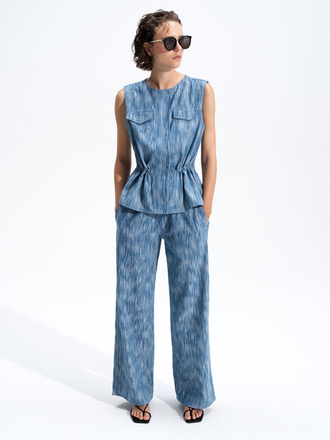 Bessie Textured Blue Denim Wide Leg Trousers