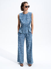 Bessie Textured Blue Denim Wide Leg Trousers