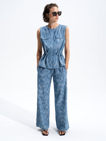 Bessie Textured Blue Denim Wide Leg Trousers
