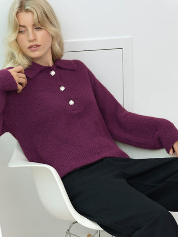 Colleen Polo Collar Diamante Button Jumper