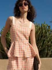 Mona Geo Floral Print Orange Peplum Top