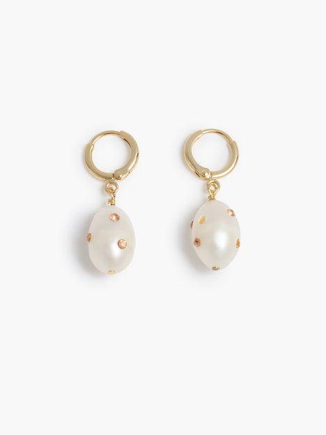 Pearl Pink Crystal Gold Huggie Hoop Earrings