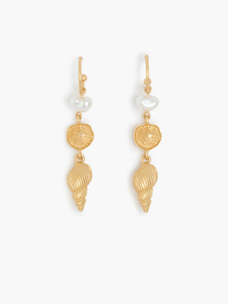 Gold Sea Charm Drop Hoop Earrings