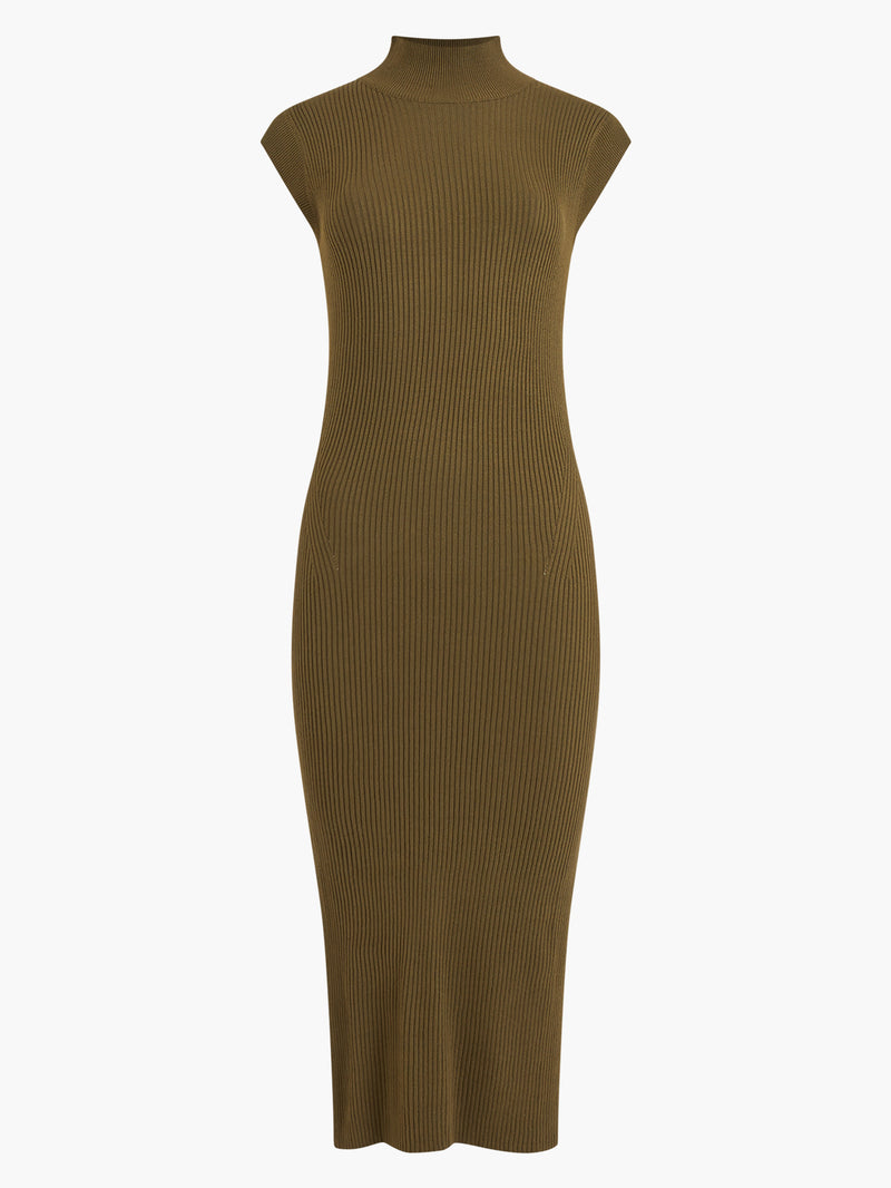 RIBBED FUNNEL NECK SLEEVELESS MIDI DRESS